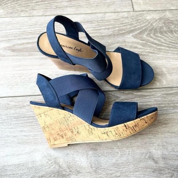 American Eagle Ryan Blue Cork Wedge Sandals - Picture 2 of 13